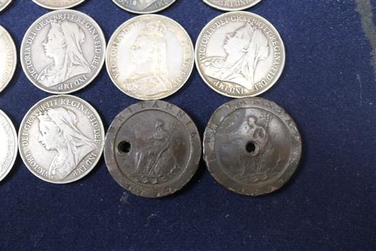 Eighteen Victoria silver crowns and two cartwheel twopence coins